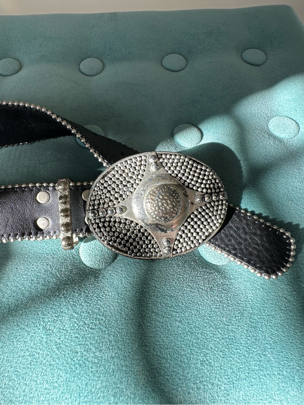 Leatherock Black Studded Leather Belt with Silver Decorative Buckle